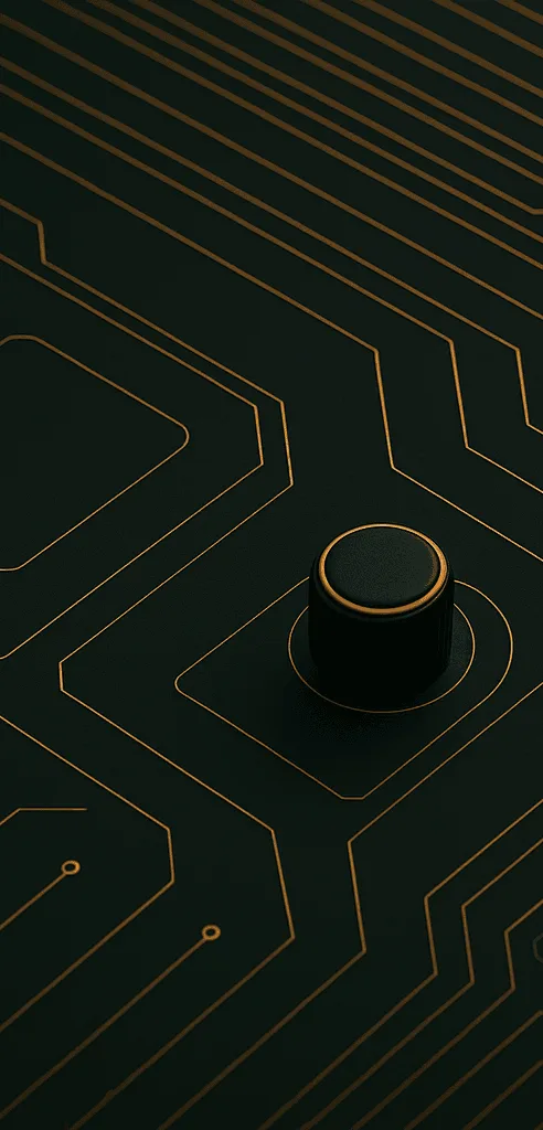 Futuristic circuit board center panel with glowing orange controls and circuitry