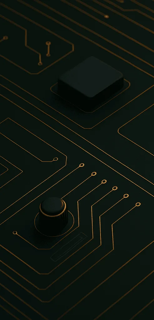 Dark futuristic circuit board panel with glowing orange technology accents
