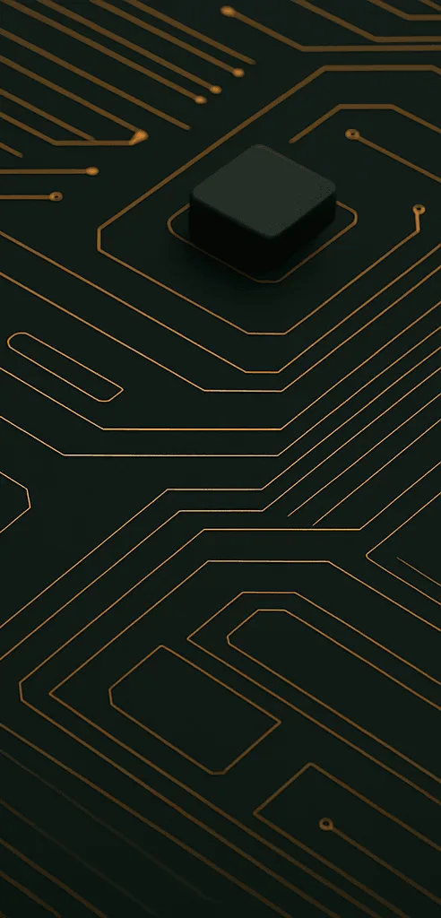Dark circuit board panel with glowing orange electronic components