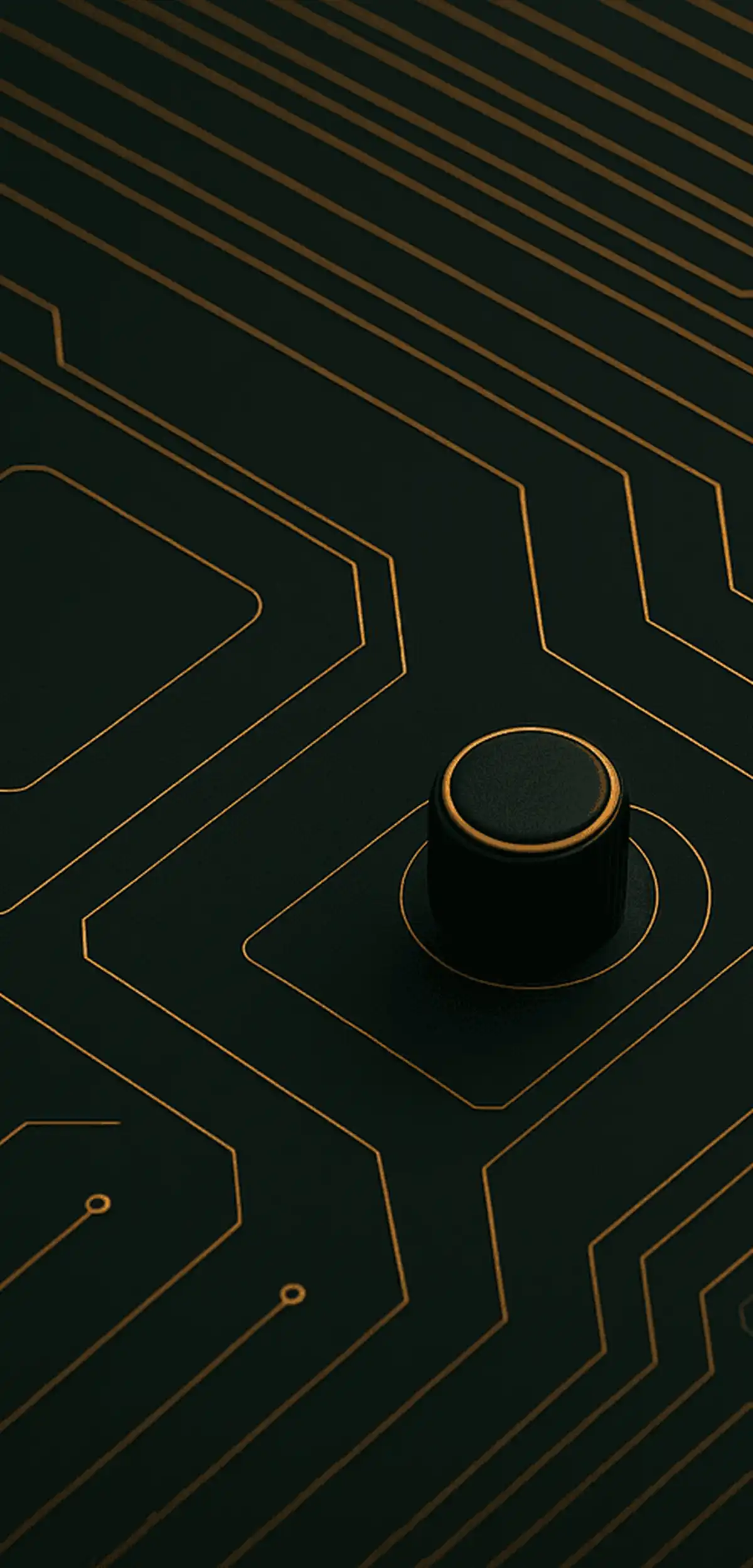 Futuristic circuit board center panel with glowing orange controls and circuitry