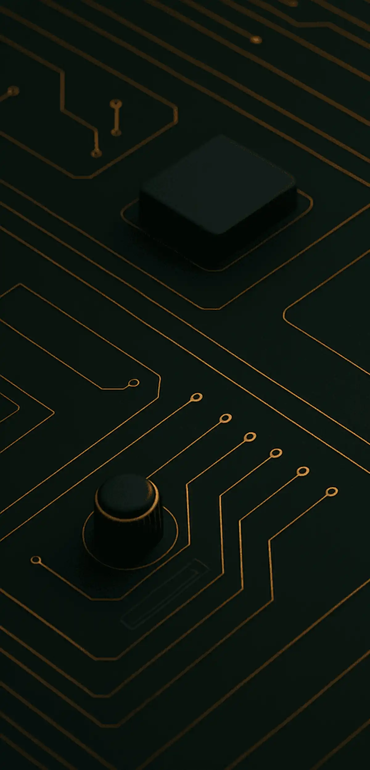 Dark futuristic circuit board panel with glowing orange technology accents